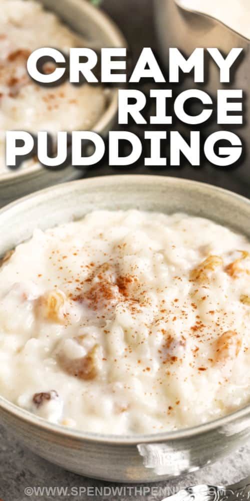 creamy rice pudding in a bowl with cinnamon sprinkles on top and text overlay