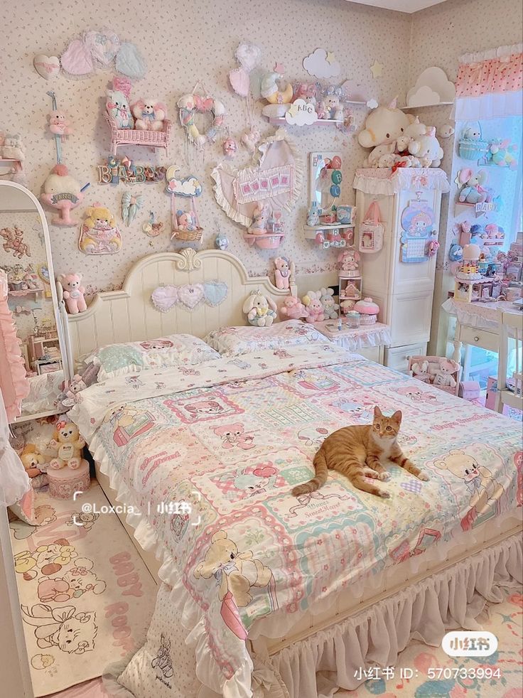 an orange cat laying on top of a bed in a room filled with teddy bears