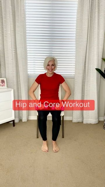 an older woman sitting on a chair in front of a window with the words hip and core workout