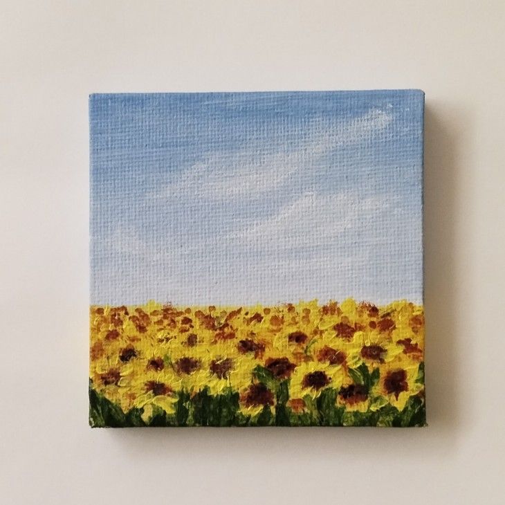 a painting of sunflowers in a field with blue sky and clouds behind it