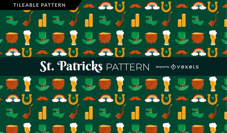 st patrick's day pattern with beer, mustaches and glasses on green background