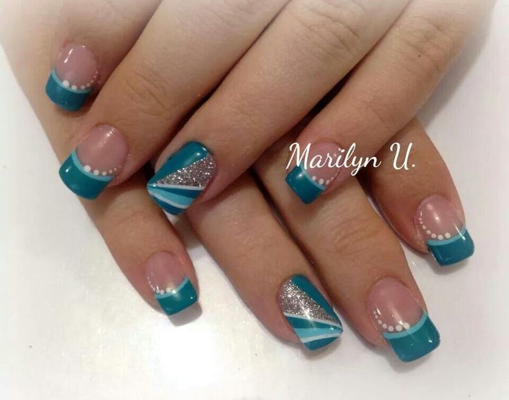 Teal Short French Tip, Tip Nail Designs, Teal Nail Designs, Short French Tip Nails, Colored Nail Tips, French Tip Nail Art, Blue Nail Art Designs, Nails French Tip, Aqua Nails