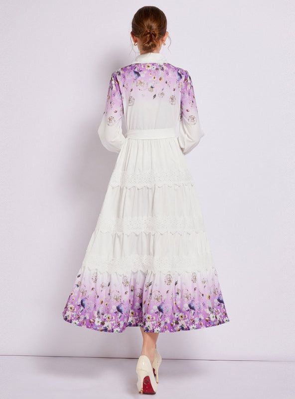 Captivating and ethereal, this enchanting long-sleeved dress is a portrait of bucolic elegance. Its fitted bodice descends into a gently tiered skirt, creating a silhouette that’s both classic and whimsical. The crisp white fabric serves as a canvas for delicate floral patterns that bloom across the hem, lending a touch of springtime regardless of the season. Lace trims add a sophisticated touch, framing the neckline and cuffs with exquisite detail. With a cinched waist accentuated by a self-tie belt, this dress shapes a figure that is both graceful and poised. It’s a versatile piece that transitions seamlessly from a countryside stroll to a chic urban evening. Fabric name: polyester fiberPattern: printingSkirt length: long skirtSkirt type: large swing typeSleeve length: long sleevesColor: Spring Tiered Maxi Dress With Lace Trim, Spring Fitted Long Sleeve Dress With Ruffle Hem, Bohemian Long Sleeve Dress With Lace Trim, Fitted Long Sleeve Dress With Ruffle Hem For Spring, Spring Long Sleeve Dress With Ruffles, Tiered Midi Dress With Lace Trim For Garden Party, Flowy Long Sleeve Feminine Dress, Feminine Flowy Long Sleeve Dress, Spring Daywear Tiered Skirt Dress