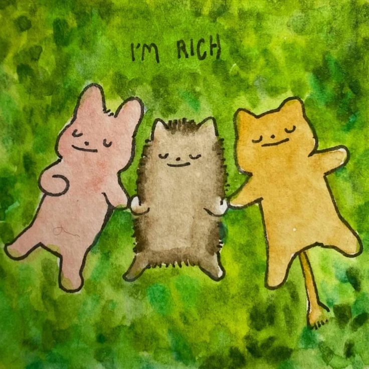 three cats are standing next to each other in front of green grass and the words i'm rich written on it