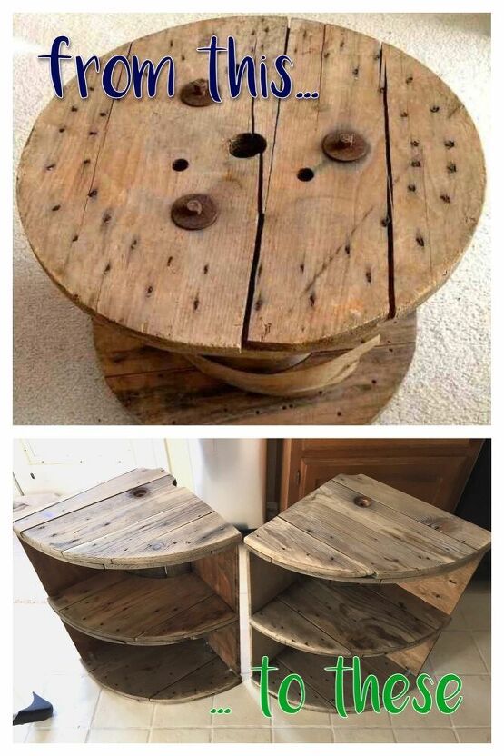 two wooden tables made out of pallets and one with holes on the top, another with holes on the bottom