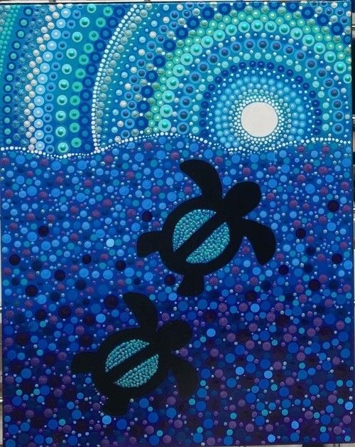 a painting with blue circles on it and two turtles swimming in the ocean at night