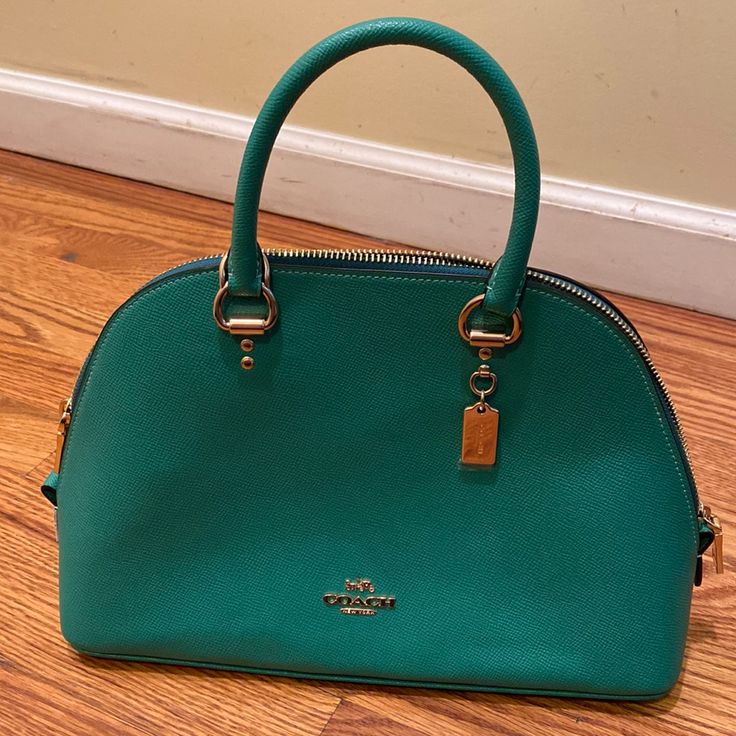 Small Coach Green Dome Satchel. New, Never Used Classic Green Satchel With Branded Hardware, Green Textured Leather Coach Bag, Coach Green Bag With Gold-tone Hardware, Green Coach Shoulder Bag With Gold-tone Hardware, Coach Green Shoulder Bag With Gold-tone Hardware, Green Coach Satchel With Handles, Coach Green Top Handle Satchel, Green Coach Top Handle Satchel, Classic Coach Green Satchel