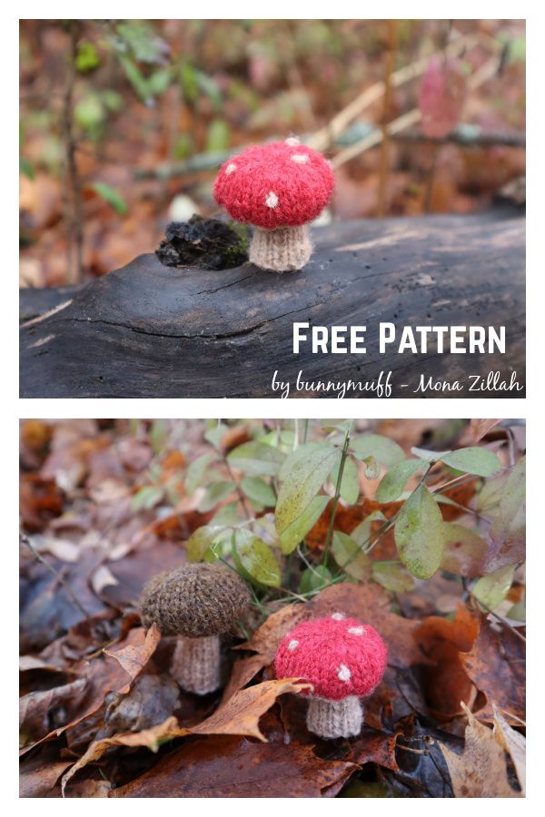 two mushrooms sitting on top of a log in the woods, with text overlay that reads free pattern