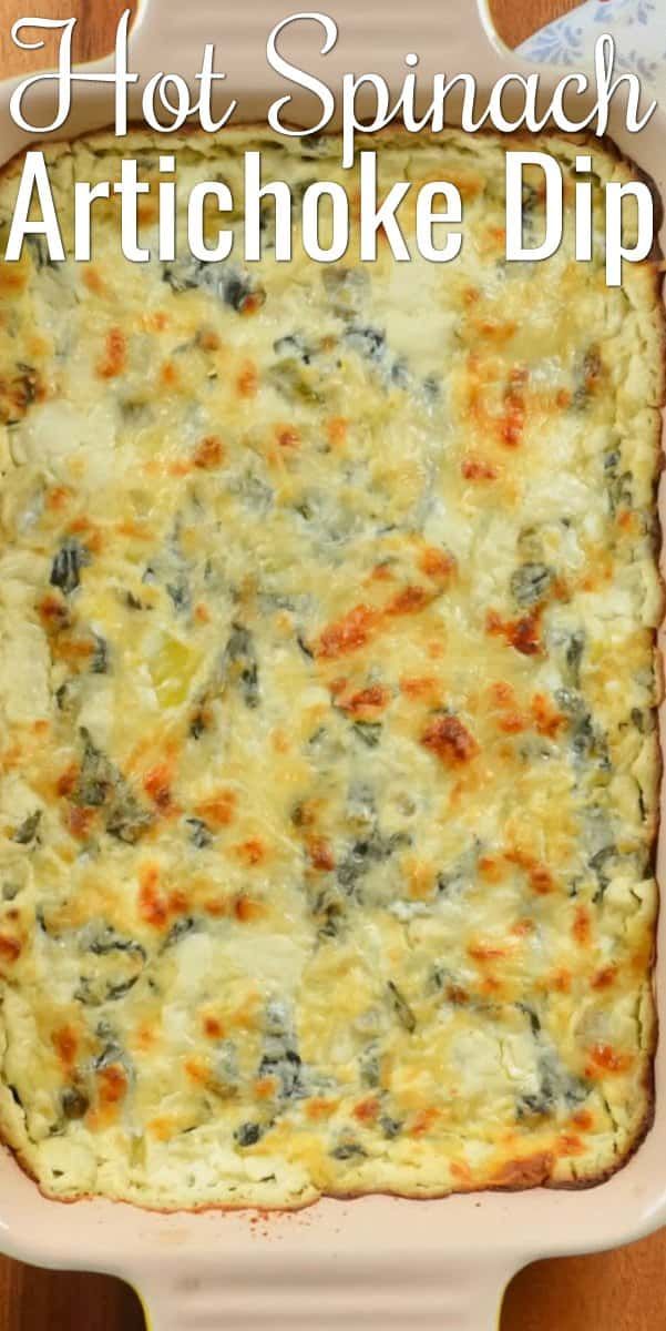 a casserole dish with spinach and artichoke dip in the middle