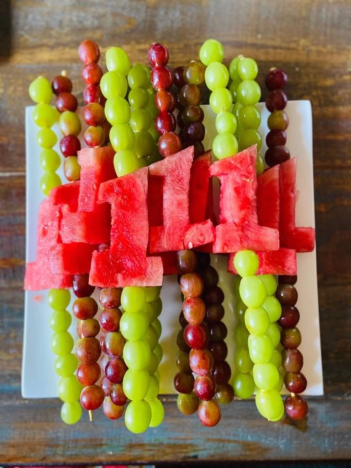 Cutout number 1 fruit kabobs for a 1st birthday party Birthday Fruit Kabobs, 1st Birthday Fruit Theme, Fruit 1st Birthday Party Girl, Birthday Party Fruit Ideas, 1st Birthday Cookout, Hey Bear Party Food, Fruit Theme 1st Birthday Party, Snacks For 1st Birthday Party, Diy Hey Bear Birthday