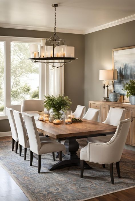 a dining room table and chairs with candles on them in front of a large window