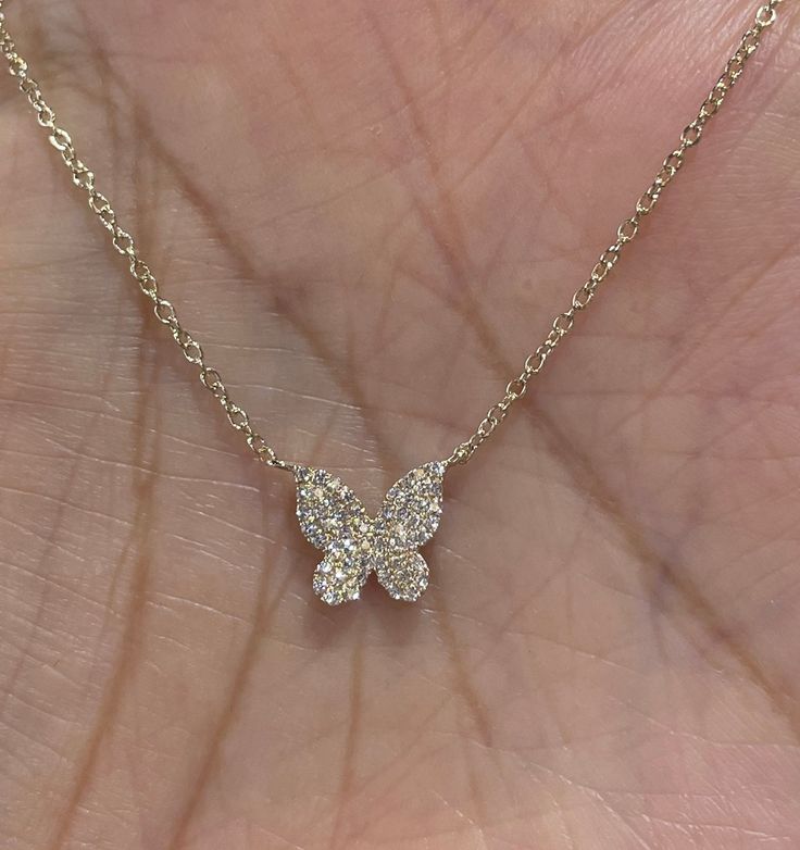 "Dainty and pretty butterfly necklace set with white and sparkling round brilliant full cut diamonds. We don't use single cut diamond on this. Excellent craftsmanship, will lay nice on the neck won't flip around. Chain is 17.25\" length. Butterfly measures about 8x9mm. Butterflies are good luck. Genuine round brilliant cut diamonds total weight: 0.15 Carats Clarity: SI Color: G 14K yellow gold Comes with gift box" Gold Butterfly Necklace With Diamond Accents As Gift, Butterfly Shape Diamond Necklace Gift, Gold Butterfly Necklace With Diamond Accents, Diamond Butterfly Necklace In Yellow Gold, Elegant Butterfly-shaped Diamond Necklace Gift, Sell Gold, Silver Prices, Best Diamond, Butterfly Necklace