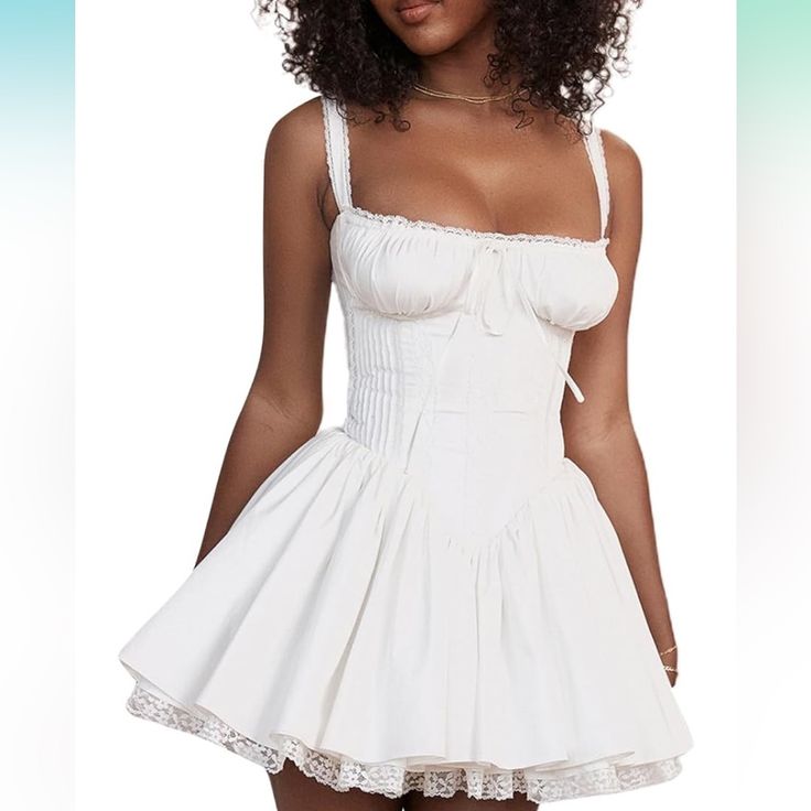 White Flowy Bustier Corset Mini Dress. Very Trendy Right Now. Brand New Size Small. Spring Date Night Lace Trim Corset Dress, Spring Date Night Corset Dress With Lace Trim, Spring Fitted Corset Dress For Day Out, Chic Cotton Corset Dress For Party, Fitted Lace Trim Sundress Mini Dress, Fitted Sundress With Lace Trim, Elegant Cotton Corset Dress, Mini Length, Elegant Cotton Corset Dress In Mini Length, Elegant Mini-length Cotton Corset Dress