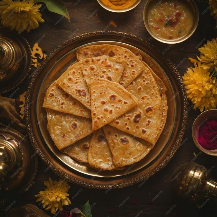 several flat breads on a plate surrounded by bowls and spoons with yellow flowers in the background