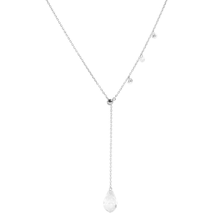 Classic and adjustable, this Double Slider Lariat Necklace With Crystal Drop will soon be your favorite piece in your jewelry box! One of most popular necklaces, it is set with asymmetric crystals in 925 Sterling silver. Style this necklace styles as a choker, lariat or a simple pendant necklace. The back slider allows you to adjust the overall length, while the front slider allows you to adjust the front lariat length. The crystal drop is a fun pendant that can match any outfit! Crystal accents Elegant Adjustable Crystal Necklace, Sterling Silver Dangle Drop Necklace With Clavicle Chain, Sterling Silver Drop Necklace With Clavicle Chain, Elegant Crystal Lariat Drop Necklace, Adjustable Sterling Silver Clavicle Drop Necklace, Adjustable Sterling Silver Drop Necklace, Minimalist Sterling Silver Backdrop Necklace With Adjustable Chain, Elegant Crystal Lariat Necklace With Clavicle Chain, Adjustable Minimalist Crystal Necklace