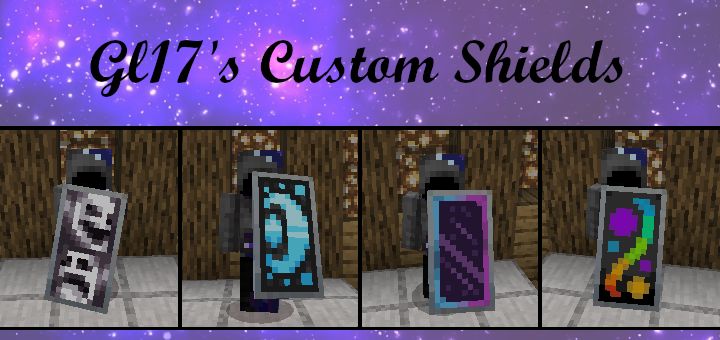 four different pictures of the same item in minecraft, with text that reads glit's custom shields