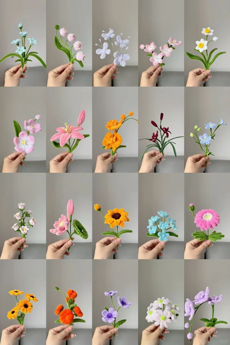 many different types of flowers being held by someone's hand with their fingers in the air