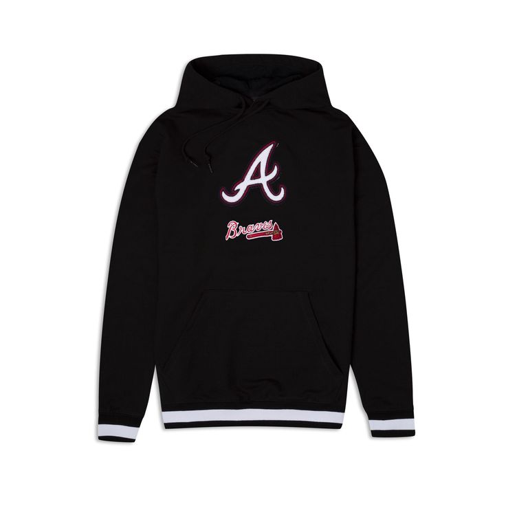 The Atlanta Braves Logo Select Black Hoodie features a chenille applique Braves logo above an embroidered team wordmark at the chest.Fabric: 52% polyester, 42% cotton, 6% spandex Atlanta Braves Stencil, Atlanta Braves Sweatshirt, Atlanta Braves Shirt, Atlanta Braves Logo, Atlanta Braves Tomahawk, Hoodie Xxl, Atlanta Braves, Black Hoodie, Atlanta