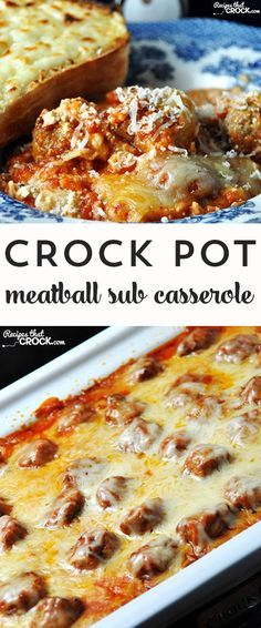 the crock pot meatball sub casserole is ready to be eaten and served