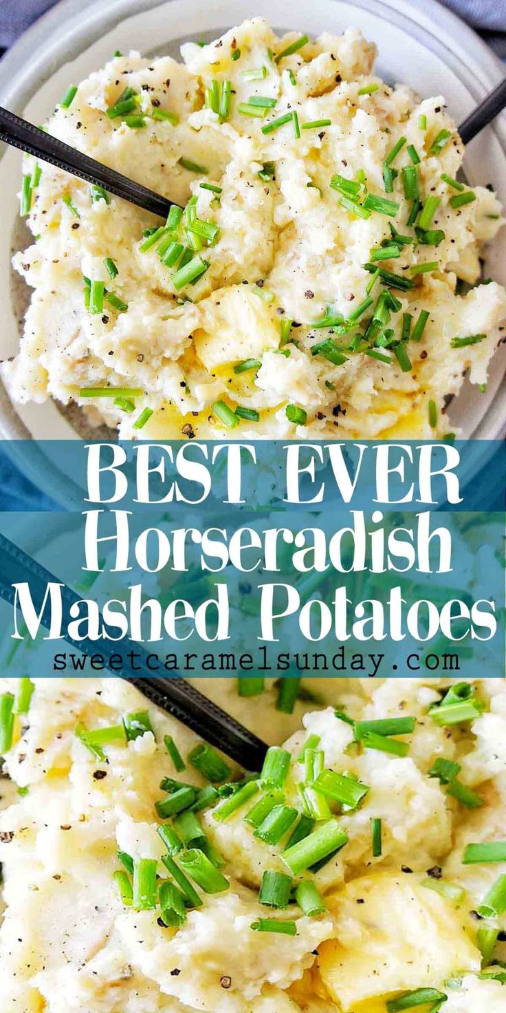 mashed potatoes with green onions and parsley on top in a white bowl, the best ever horseradish mashed potatoes