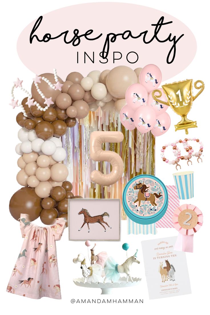 a pink and gold horse themed birthday party with balloons, streamers, cupcakes,