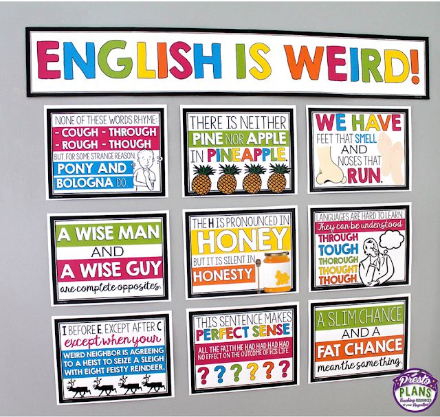 a bulletin board with words and pictures on it that say english is weird, we have the same thing in each language