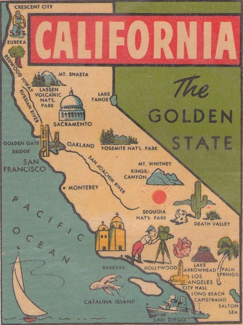 an old california map with the state's capital in red and green, as well as other states