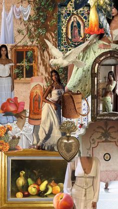 a collage of pictures with women and fruit in them, including an image of the virgin mary