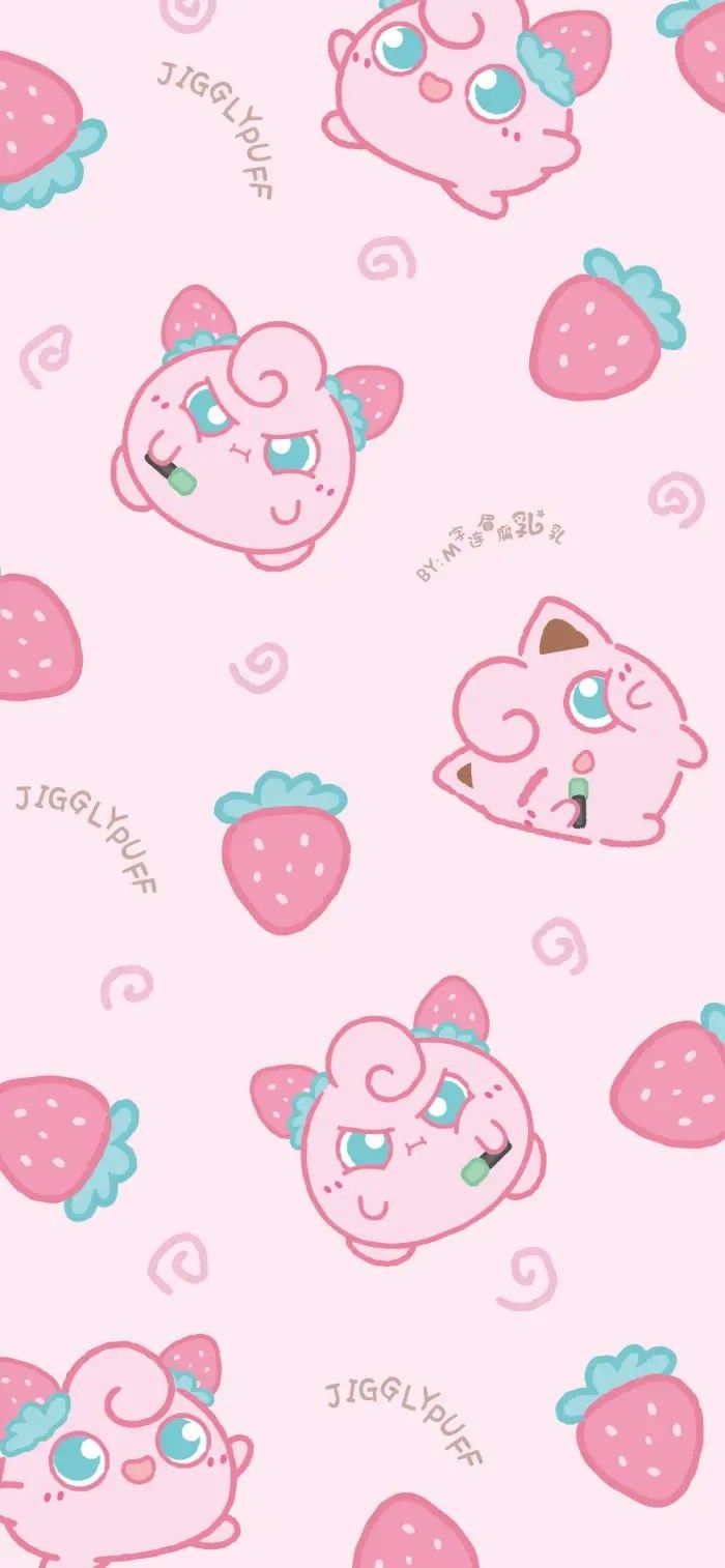 a pink wallpaper with various cartoon characters on it