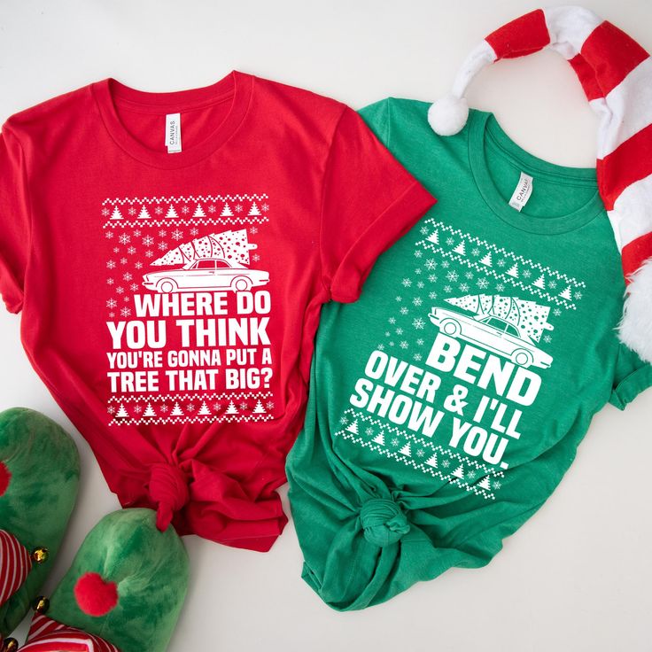 Bend Over and I'll Show You matching Christmas couple T-shirts! Inspired by the fun of Christmas Vacation, these cute and cozy shirts feature a festive Christmas tree design perfect for family gatherings, holiday photos, or just spreading cheer together. A great gift for couples or families who love to celebrate the season with a little humor! Available in various sizes for everyone. We specialize in creating unique, custom-designed apparel for everyone, using high-quality DTF (Direct-to-Film) p Christmas Vacation Shirt, Christmas Vacation Shirts, Cute Christmas Tree, Christmas Tree Design, Christmas Couple, Family Shirt, Couple Matching, Couple T-shirt, Christmas Vacation