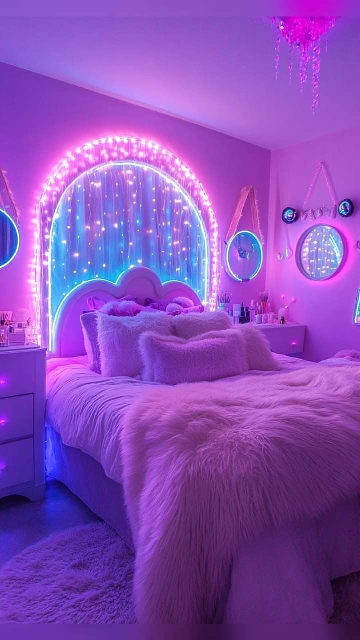 a bedroom decorated in pink and purple with lights on the walls, bedding and rugs