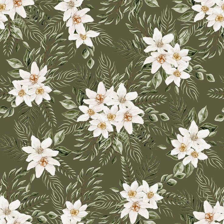 white flowers and green leaves on a dark green background seamless wallpaper with floral pattern