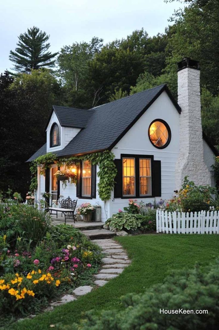 a white house with black roof and windows