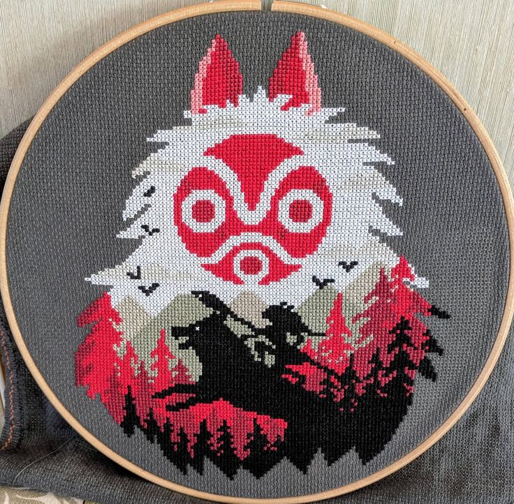 a cross stitch pattern with an image of a wolf in the woods on it's back