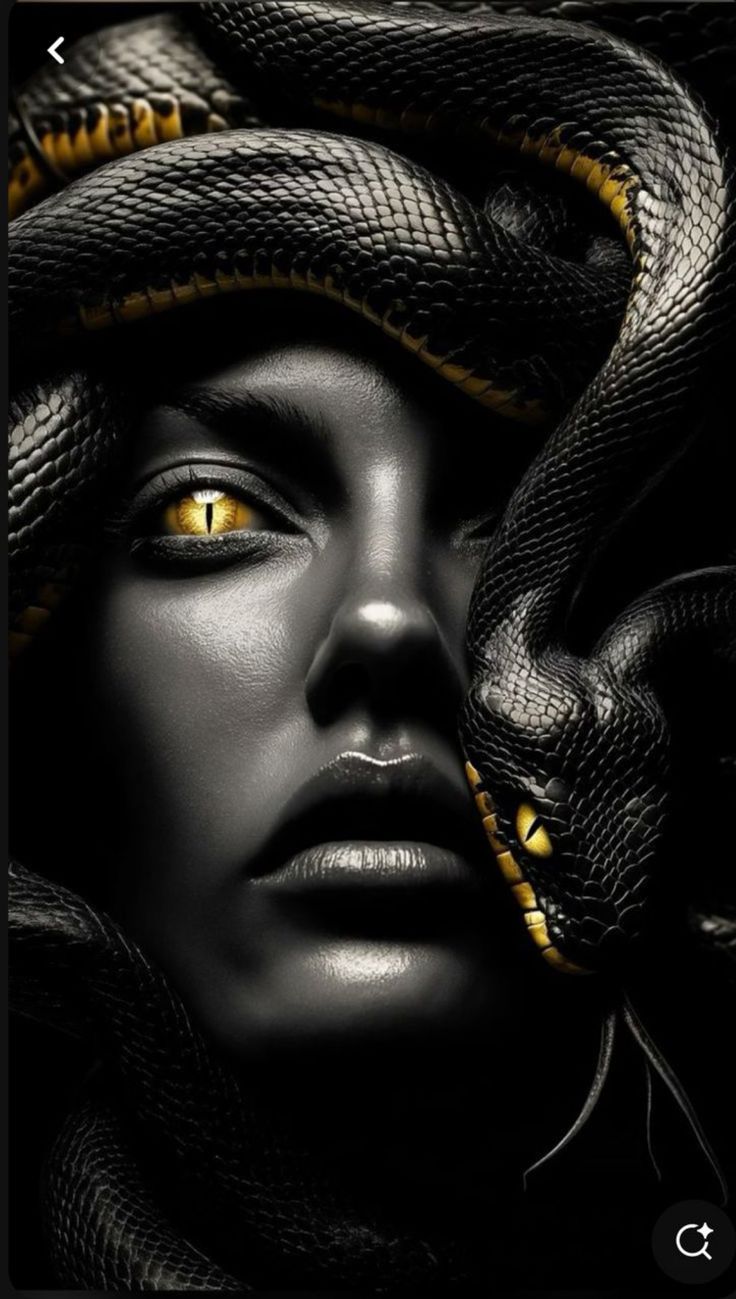 a woman's face with a snake wrapped around her head and yellow eyeshadow