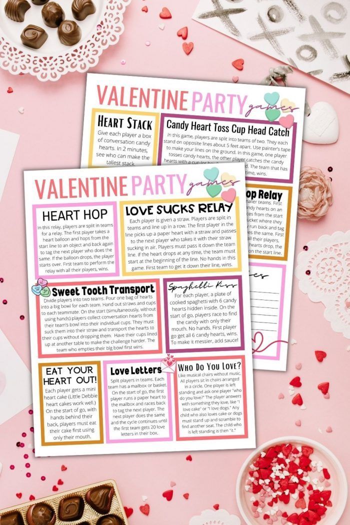 valentine's day party game with chocolates, candy and candies on the table