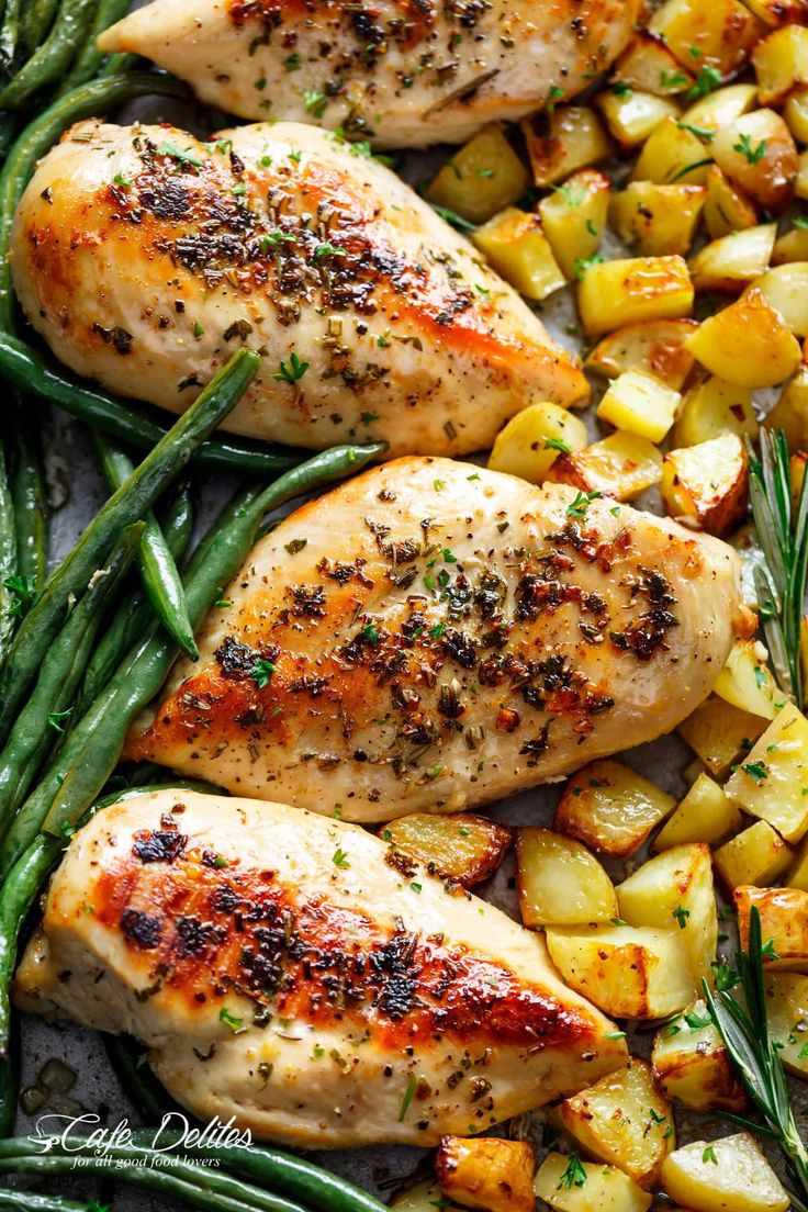 chicken, potatoes and green beans on a sheet pan