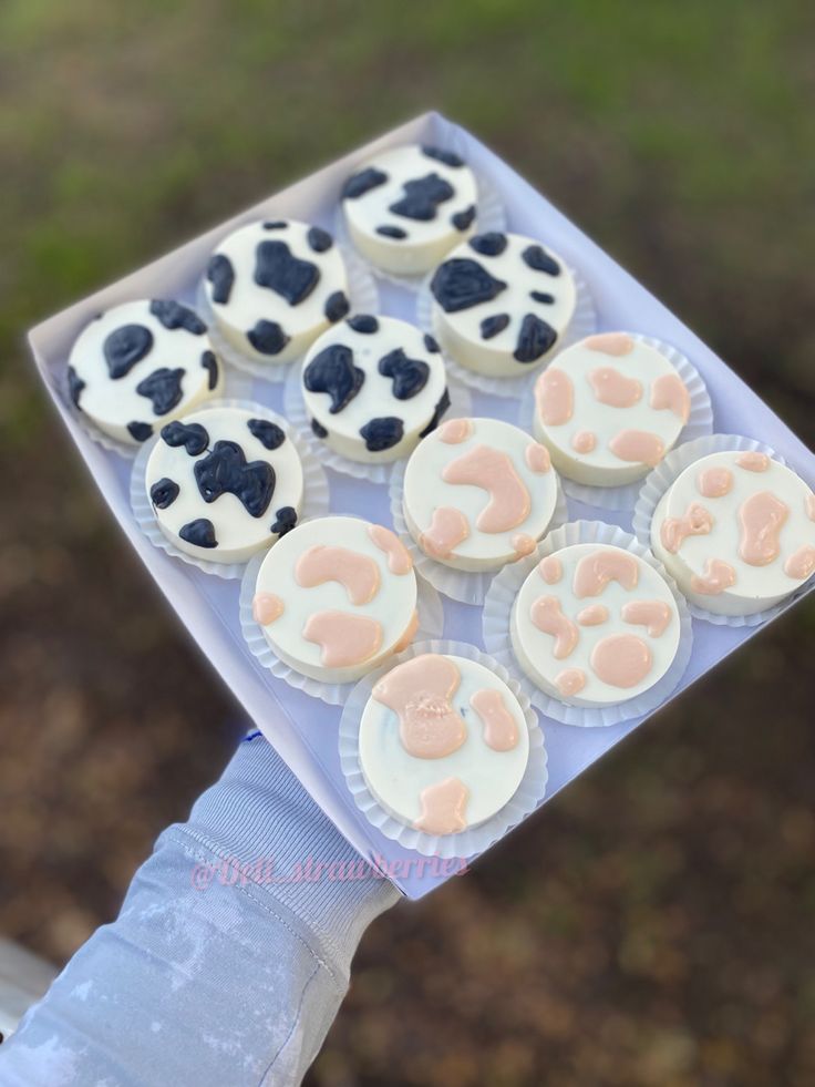 a person is holding a tray with cupcakes in the shape of cow's heads