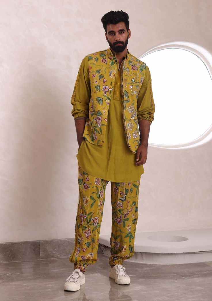 Mahima Mahajan Men-Veer Yellow Kurta And Bundi Set-INDIASPOPUP.COM Luxury Men's Lawn Suit For Formal Occasions, Luxury Men's Sets For Puja, Luxury Festive Men's Lawn Suit, Luxury Men's Lawn Suit For Diwali, Luxury Men's Traditional Wear For Diwali, Luxury Men's Traditional Wear With Multicolor Embroidery, Luxury Yellow Designer Bandhgala, Luxury Men's Lawn Suit For Festivals, Luxury Bollywood Style Men's Sets