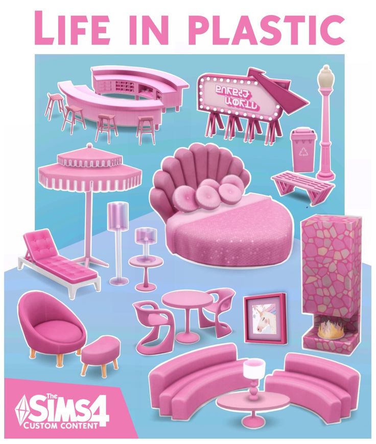 a poster with pink furniture and accessories on it