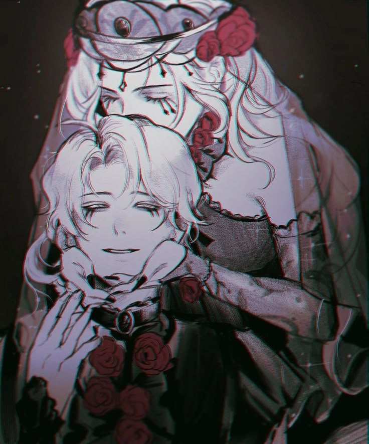 a drawing of two people with roses on their heads