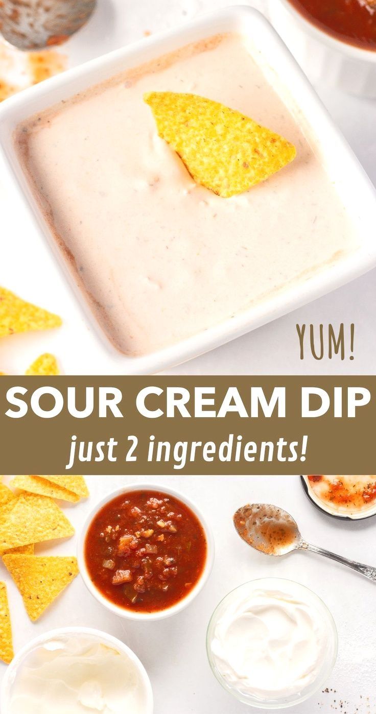 sour cream dip with tortilla chips on the side and salsa in small bowls