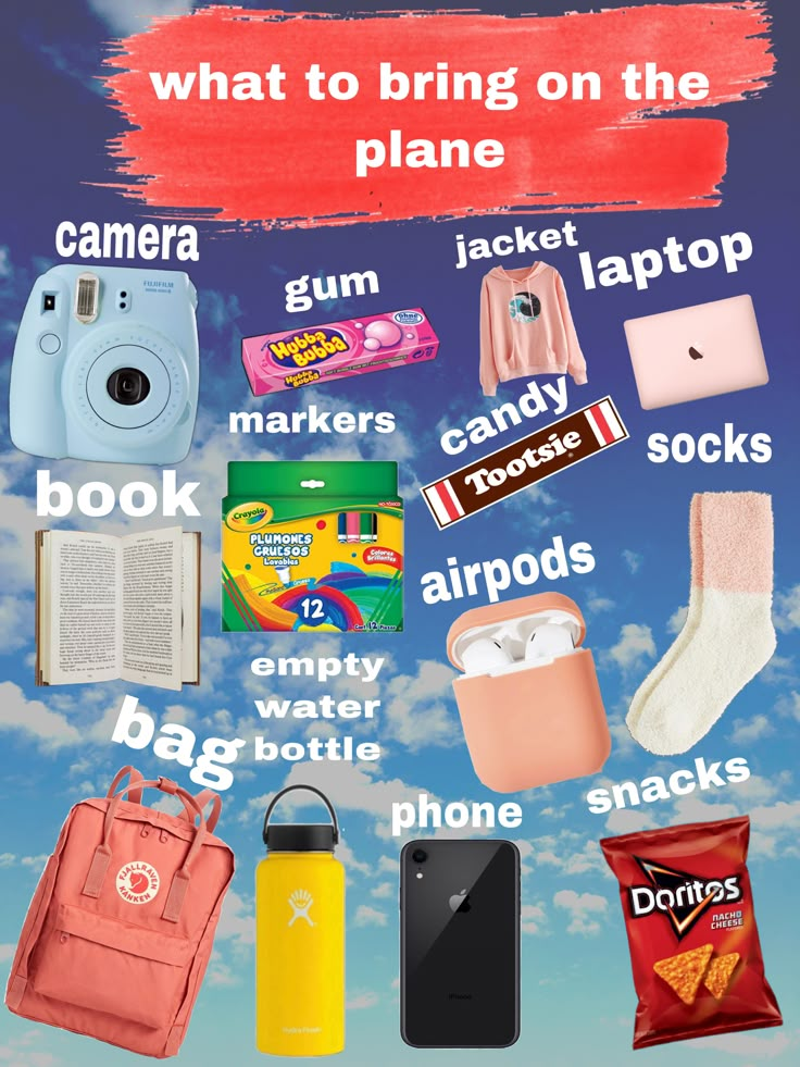 what to bring on the plane, including books, camera, water bottles, and other items