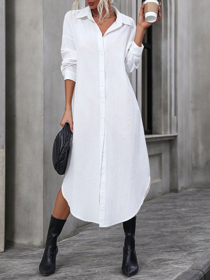 White Casual Collar Long Sleeve Fabric Plain Shirt Embellished Non-Stretch  Women Clothing White Shirt Dress Outfit, Shirtdress Outfit, Long White Shirt Dress, White Cami Dress, Tomboy Stil, Short Dress Patterns, Long White Shirt, Curved Hem Shirt, Shirt Dress Outfit