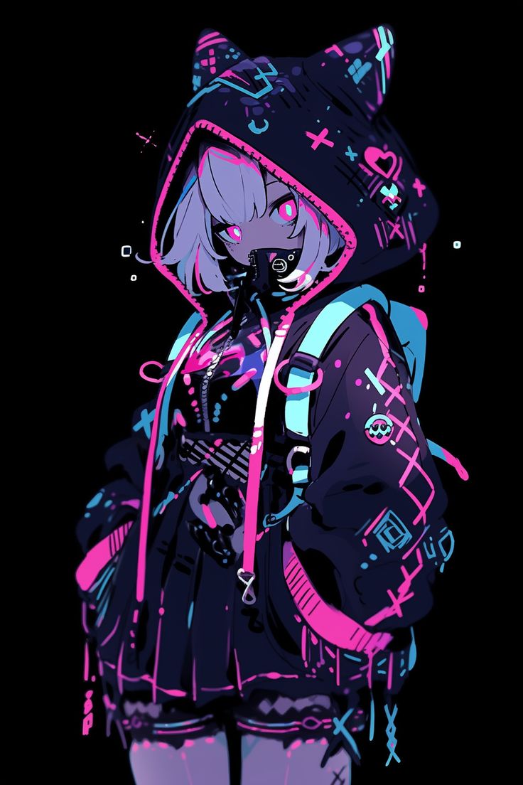 an anime character with pink and blue hair wearing a hoodie, holding a backpack