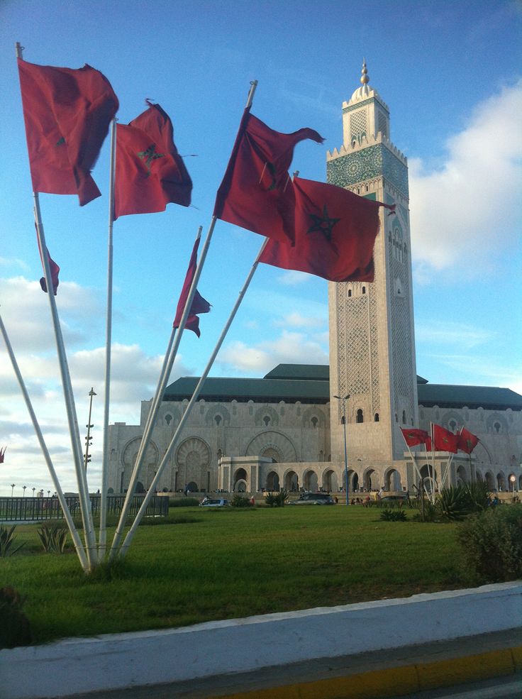 some red flags are in front of a building