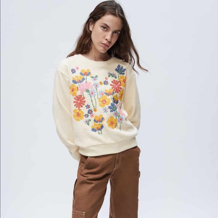 Round Neck Sweatshirt With Embroidered Front. 61% Cotton, 39% Polyester. Oyster White, Brand New With Tags. Armpit To Armpit 20” Length 21” Yellow Sweatshirt With Ribbed Cuffs For Spring, Yellow Ribbed Cuffs Sweatshirt For Spring, Spring Cream Cotton Sweatshirt, Cream Cotton Top With Floral Embroidery, Relaxed Fit Crew Neck Tops With Floral Embroidery, Relaxed Fit Floral Embroidered Crew Neck Tops, Relaxed Fit Floral Embroidery Tops With Crew Neck, Spring Sweater With Multicolor Embroidery And Long Sleeve, Cream Crew Sweatshirt For Spring