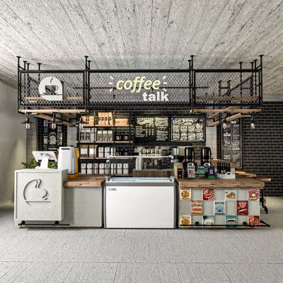 the coffee talk is located in an industrial building with brick walls and exposed ceilinging