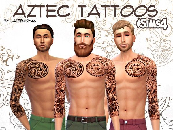 three men with tattoos on their arms and chest