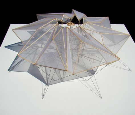 an artistic sculpture is displayed on a white surface with gold lines in the form of triangles